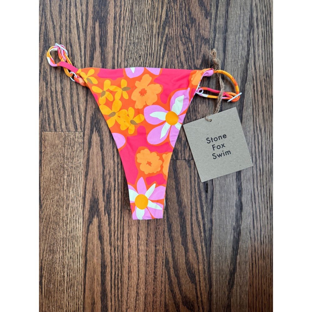 Stone Fox Swim Retro Floral Bikini Bottoms‎ XS Pink Orange Yellow Tie Sides